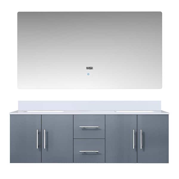 Geneva 60 in. W x 22 in. D Dark Grey Double Bath Vanity, White Quartz Top, and 60 in. LED Mirror