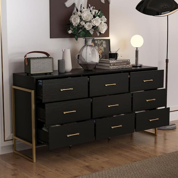 huge black dresser Kingdely Wood 9 Big Drawers 61.4 in. W With Metal Frame Legs KF200241-01 this extra long dresser GETSALE25 LOVZFMLL Summer Dresses for Color:Deep Navy