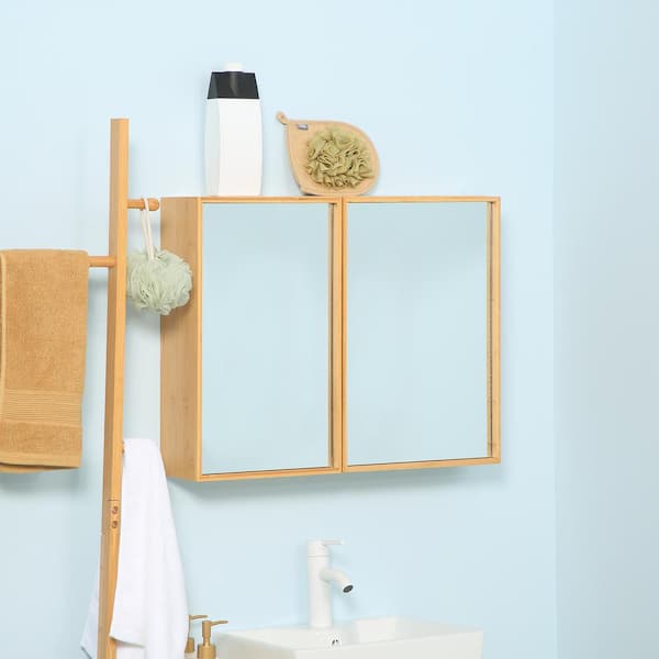 kleankin Bamboo Wall-Mounted Bathroom Medicine Cabinet with Mirror, Over Toilet  Bathroom Cabinet Natural
