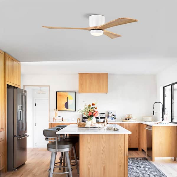 52 in. Indoor White 3 Solid Wood Blades Integrated LED Ceiling Fan with Remote Control and Reversible DC Motor