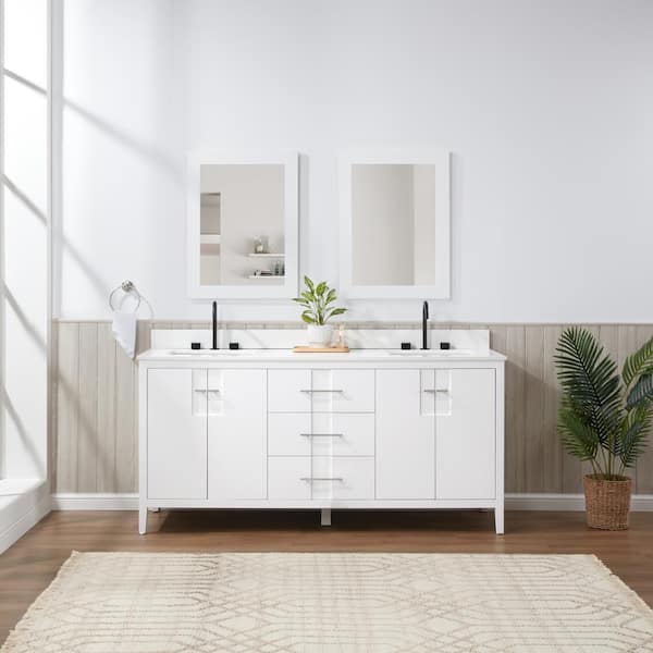 Florence 72 in. W x 22 in. D x 35 in. H Double Sink Bath Vanity in White with Solid White Quartz Stone Top