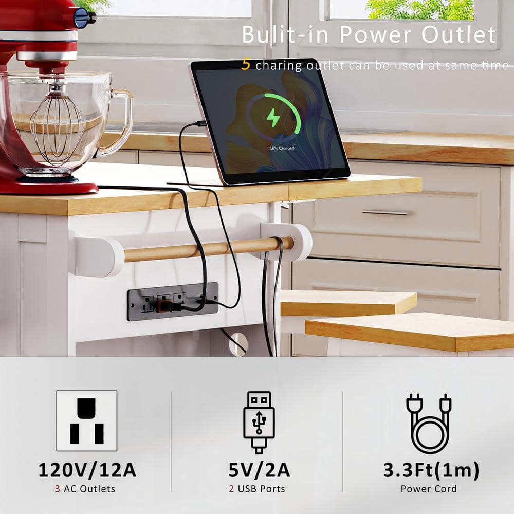 White Wood 53" Kitchen Island with Drop Leaf and Power Outlet