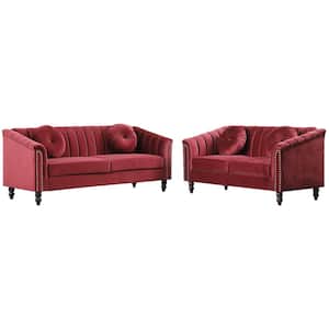 75 in. Round Arm 2-Piece Velvet L-Shaped Sectional Sofa in Burgundy
