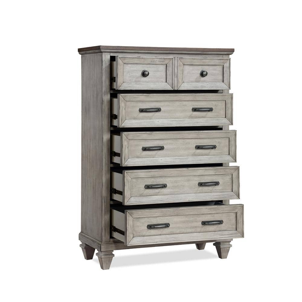 Vintage Creme Acacia Wood 5-Drawer Chest with Walnut Top