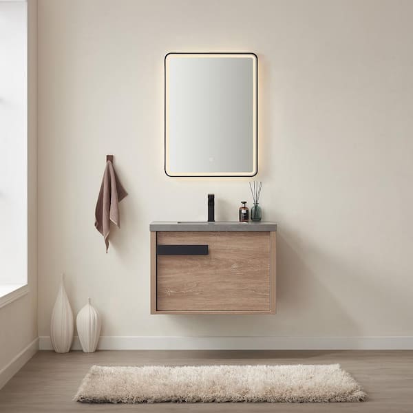 ROSWELL Carcastillo 30 in. W x 22 in. D x 21 in. H Single Sink Bath Vanity in North American Oak with Grey Natural Stone Top