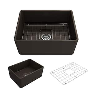 Classico Farmhouse Apron Front Fireclay 24 in. L Single Bowl Kitchen Sink with Bottom Grid and Strainer in Matte Brown