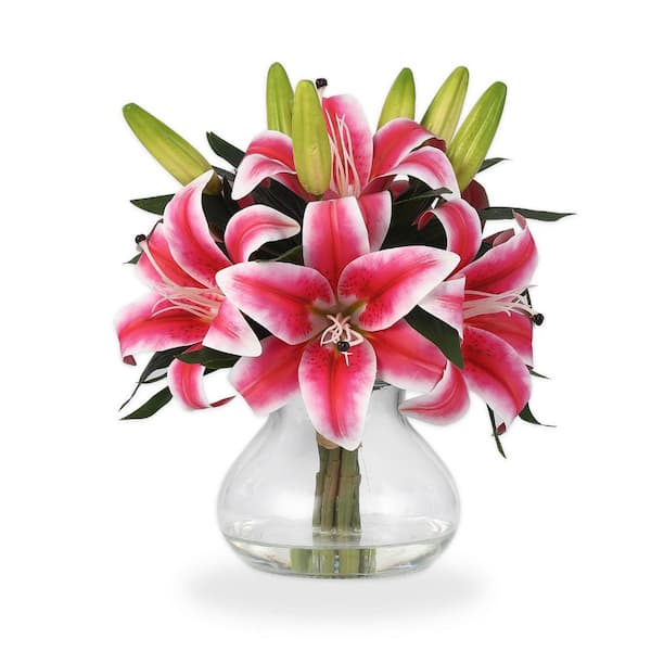 Realistic Artificial Lily Bouquet with Clear Glass Vase – 13 in. Tall, Lifelike Petals and Faux Water, Home Decor, Pink