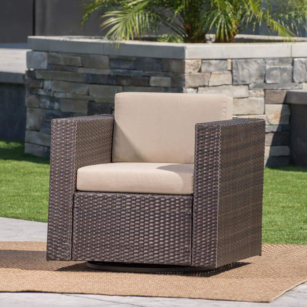 Outdoor Swivel Lounge Chair with Metal Brown Frame and CushionGuard, Beige 