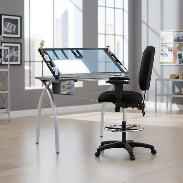 Futura Craft 38 in. W Silver/Blue Glass Craft Table with Angle Adjustable Top, Light Pad Support Bars and Leg Extensions