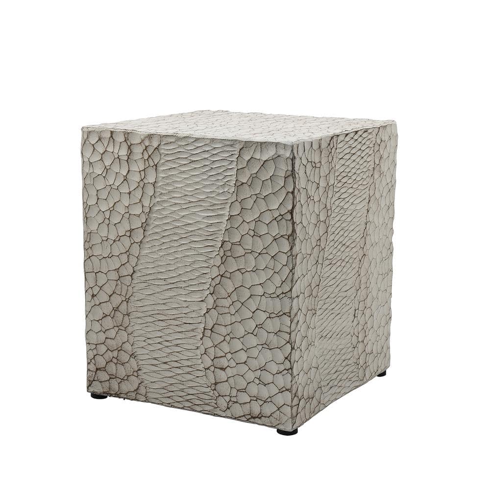 Antique White Concrete Outdoor Square Coffee Table, Faux Wood Stump Stool, 