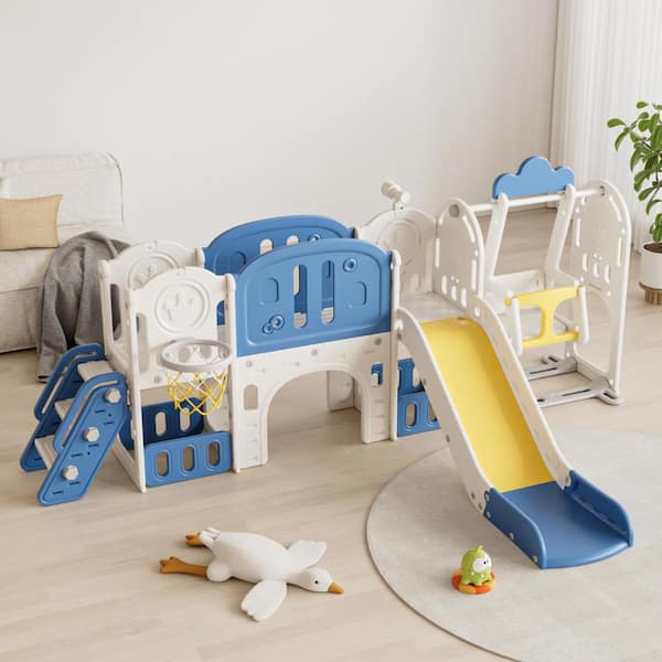 Blue and Yellow Toddler Slide Playset with Swing and Basketball Hoop (Indoor/Outdoor)