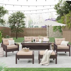Brown 6-Piece Outdoor Terrace PE Rattan Sofa Set with Removable Light Coffee Cushions and Tempered Glass Coffee Table