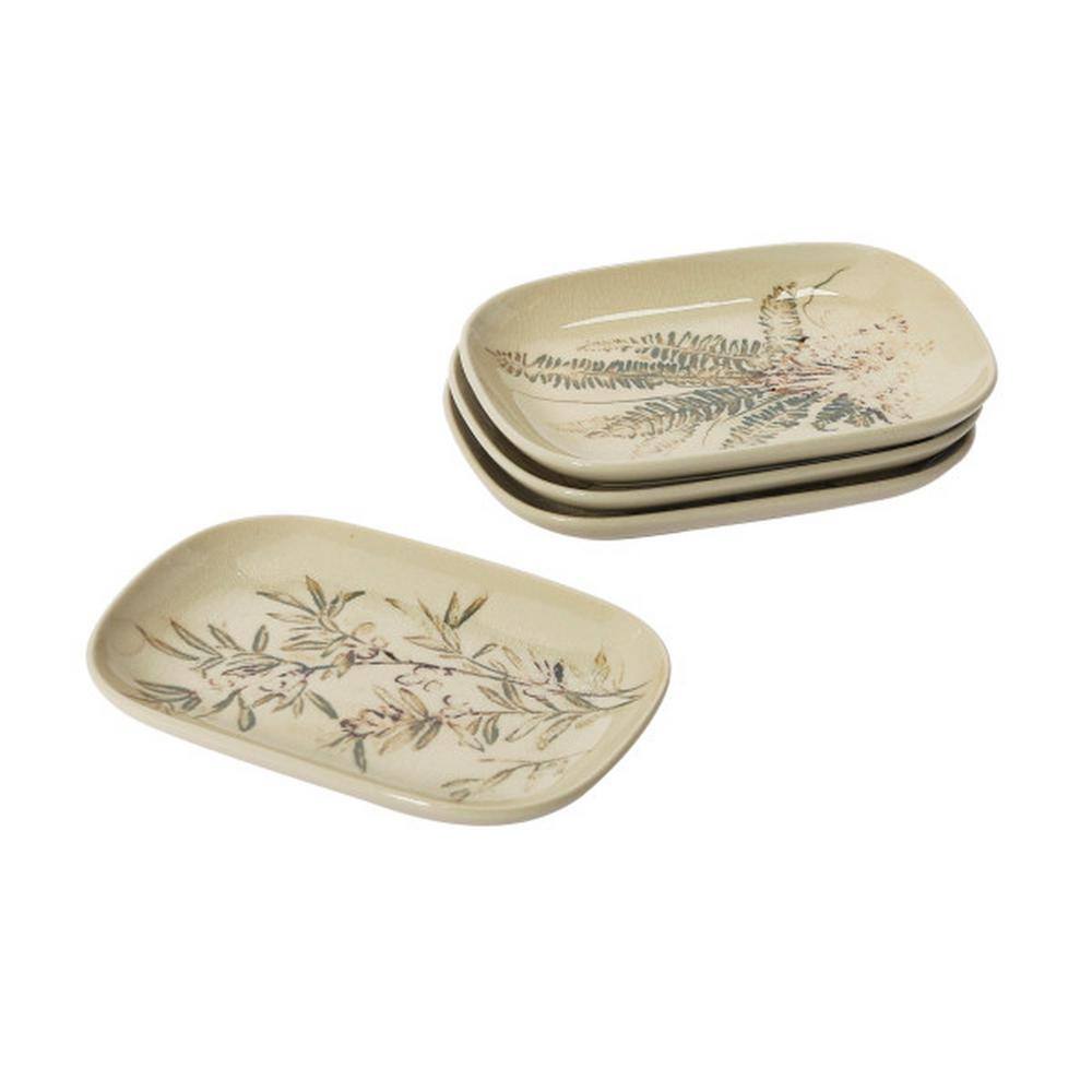 Cream and Green Botanical Debossed Ceramic Dish Set