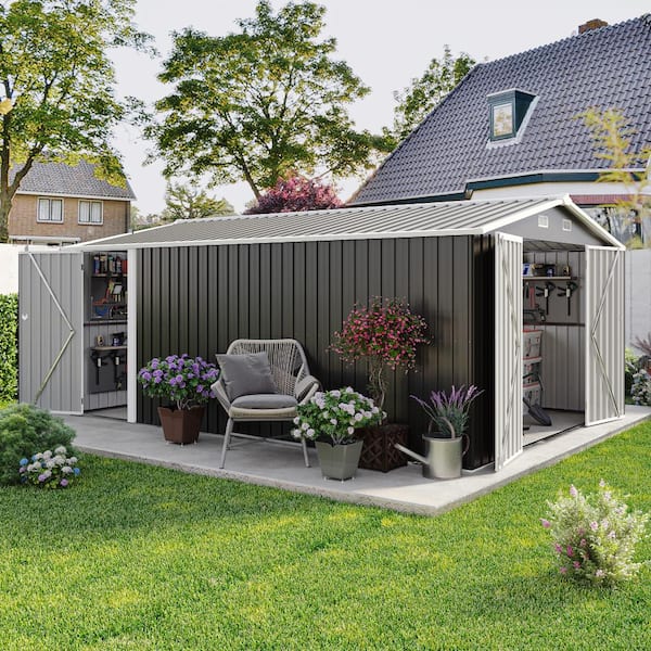 10×14 FT Dark Gray Metal Outdoor Utility Tool Storage Shed with 3 Lockable Doors,4 Air Vents, Sloped Roof