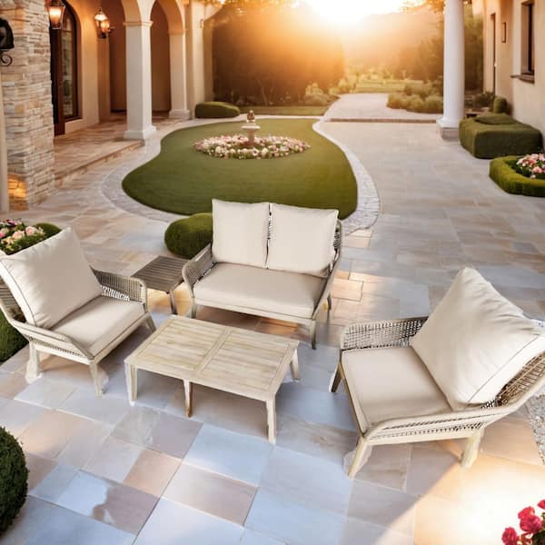 Hawise 5-Piece Acacia Wood Patio Outdoor Conversation Set With Beige Cushions