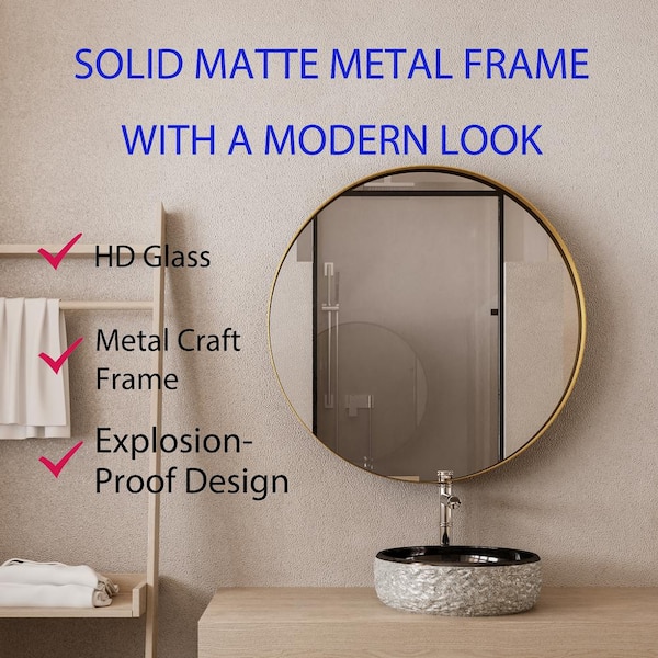 WELLFOR 31.5-in x 31.5-in Recessed Mount Gold Mirrored Round Medicine Cabinet