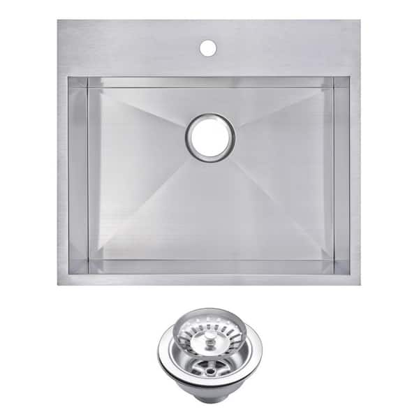 Water Creation Drop-In Stainless Steel 25 in. 1 Hole Single Bowl Kitchen Sink with Strainer in Satin