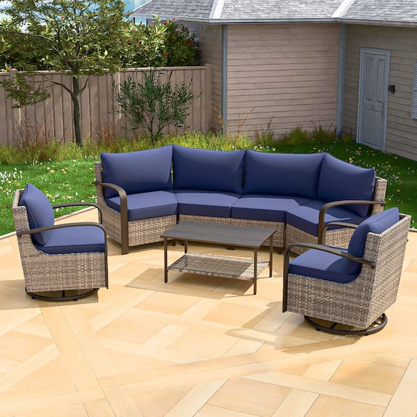 7-Piece Wicker Patio Conversation Sectional Seating Set with Swivel Rocking Chair, Blue Cushions