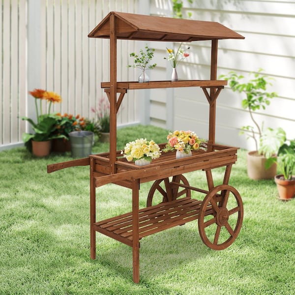 Brown 52.7 in. x 69.2 in. 3-tier Wood Decorative Stand Garden Flower Shop Flower Decorative Stand with Movable wheels