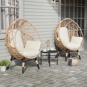 3-Pieces Natural Wicker Outdoor Patio Egg Lounge Chair with Side Table and Beige Cushions