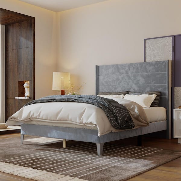 Gray Wood Frame Queen Size Platform Bed with High Upholstered Headboard, Silent Slats and Modern Polyester Fabric