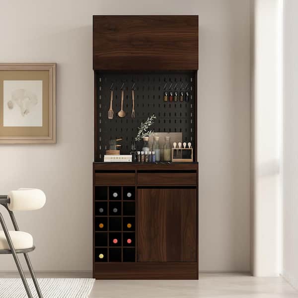 FUFU&GAGA Brown Wood 31.5 in. W Buffet and Hutch Kitchen Storage Cabinet with Garbage Bin, Drawers, Wine Cube, Hook 78.7 in. H