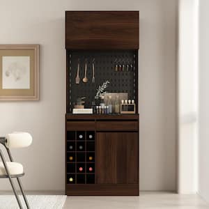 Brown Wood 31.5 in. W Buffet and Hutch Kitchen Storage Cabinet with Garbage Bin, Drawers, Wine Cube, Hook 78.7 in. H