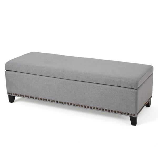 Noble House Isra Gray Fabric Storage Bench with Studs