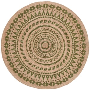 Natural Fiber Green/Beige 8 ft. x 8 ft. Round Border Area Rug