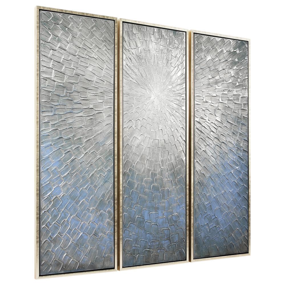 Silver Ice 60" Textured Hand-Painted Abstract Canvas Triptych