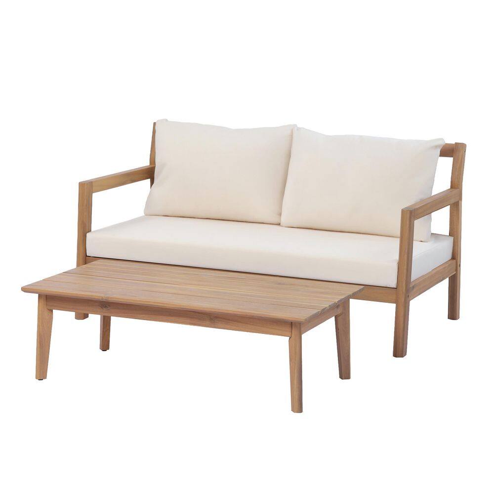 Isla Light Teak Finish 2-Piece Solid Wood Outdoor Loveseat and Table Patio Conversation Set with Beige Cushions price history on PriceWatchPro