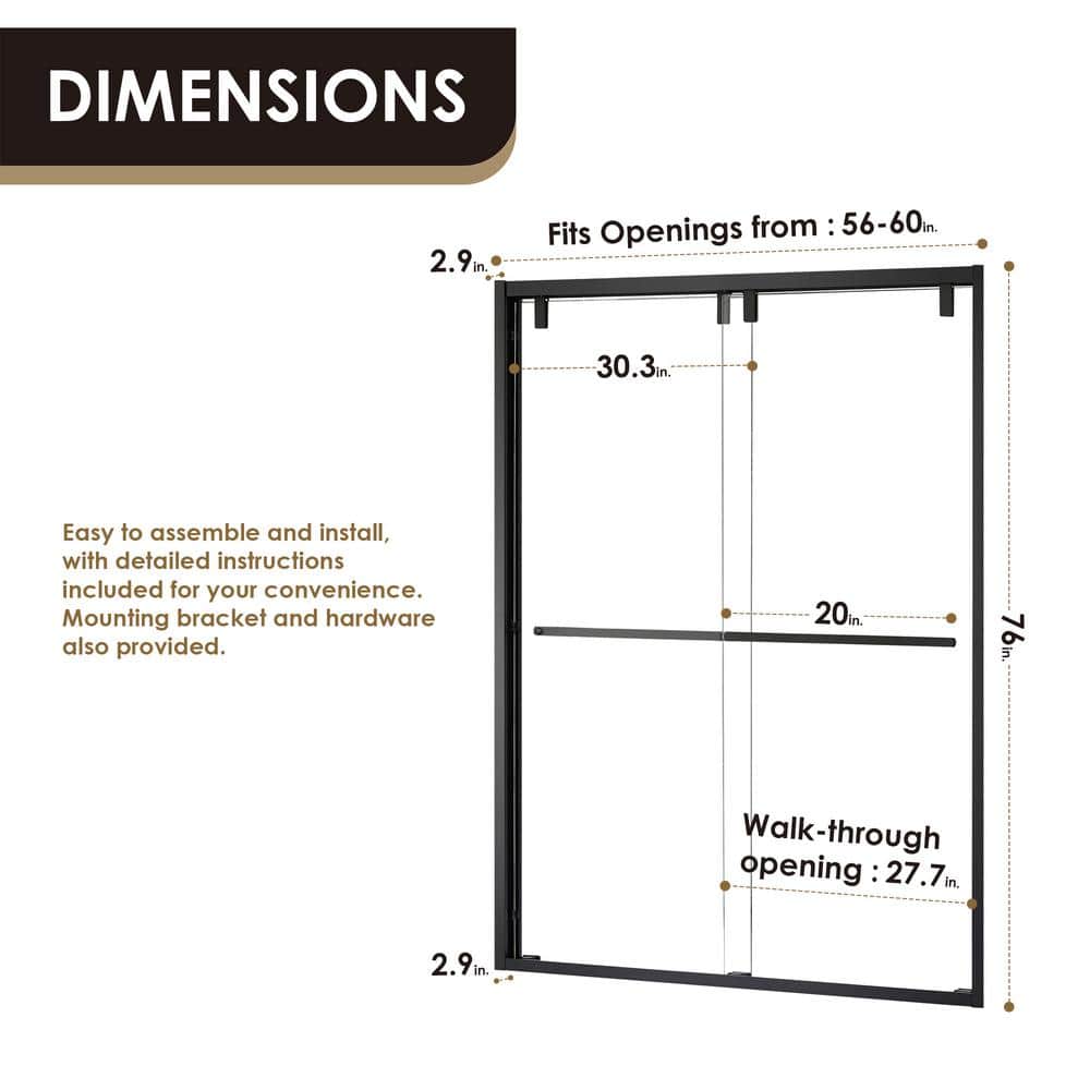 60" Matte Black and Clear Glass Semi-Frameless Shower Door