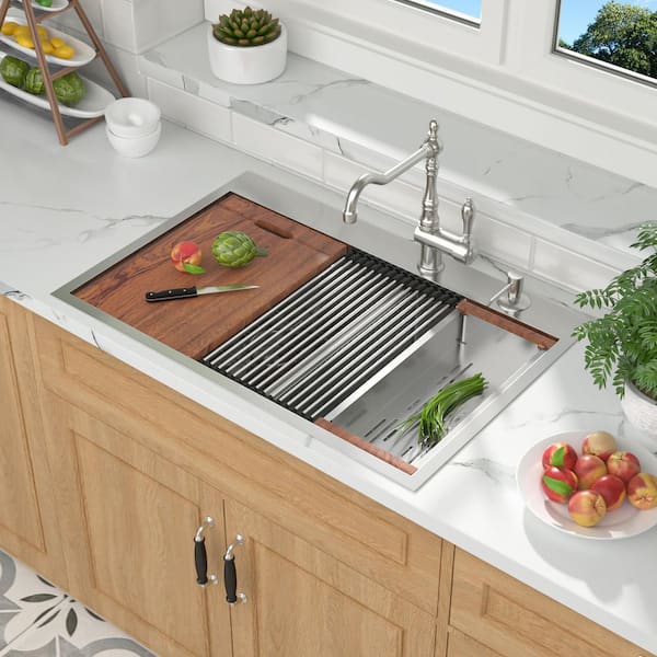 33 in. Drop in Double Bowl 16-Gauge Stainless Steel Kitchen Sink with Bottom Grids and Strainer