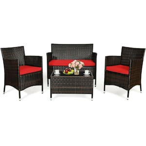4-Piece Outdoor Wicker Conversation Furniture Set with Red Cushions and Tempered Glass Table