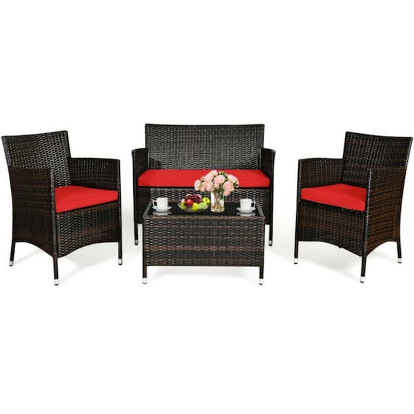 Alpulon 4-Piece Outdoor Wicker Conversation Furniture Set with Red Cushions and Tempered Glass Table