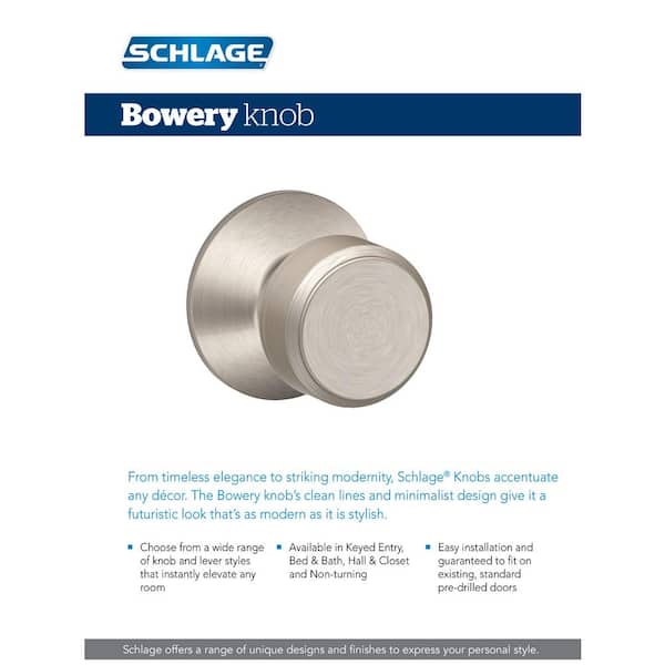 Schlage Bowery Satin Nickel Privacy Bed/Bath Door Knob with Greyson Trim  F40 BWE 619 GSN The Home Depot