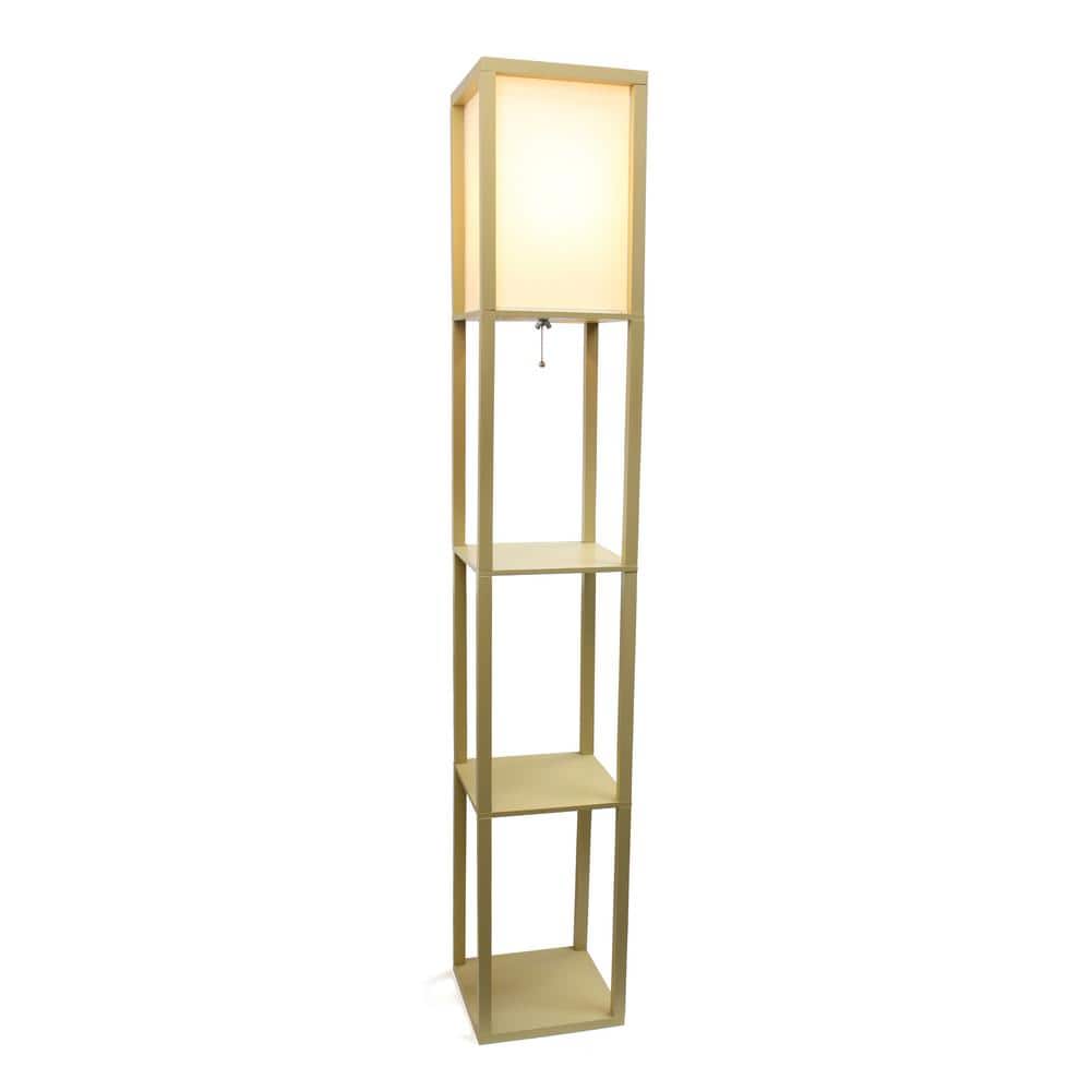 Tan Multifunctional Floor Lamp with Linen Shade and Storage Shelves