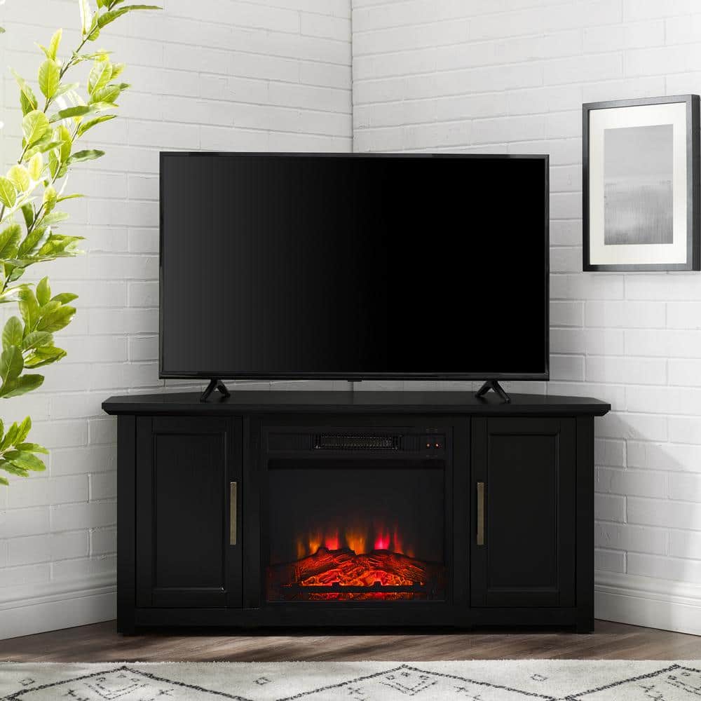 Black Corner TV Stand with Fireplace and Cabinets