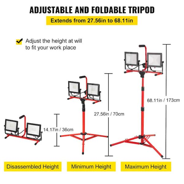 VEVOR LED Work Light with Stand, 2PCS 10000 Lumen Dual-head LED Work Light  with 27.6-68.1 Adjustable and Foldable Tripod Stand, IP65 Waterproofed  LED Tripod Work Light, with 5000 K Color Temperature