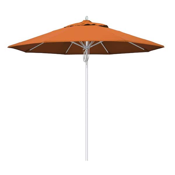 California Umbrella 9 ft. Silver Aluminum Commercial Fiberglass Ribs Market Patio Umbrella and Pulley Lift in Tuscan Sunbrella
