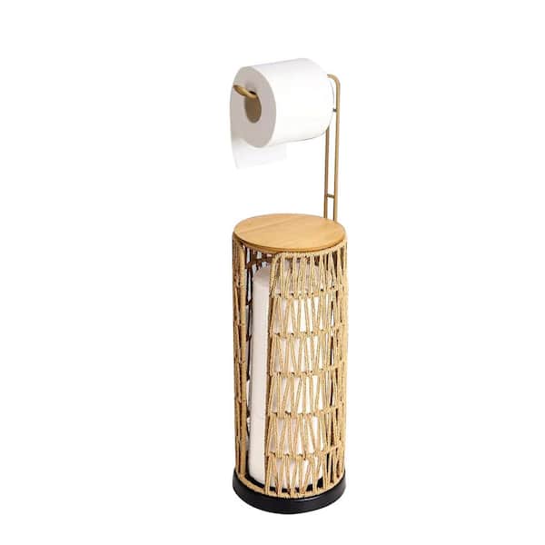 Unbranded Brown Handmade Woven Bath Freestanding Toilet Paper Holder Tissue Roll Storage Stand Hand Towel Holder 3 Rolls