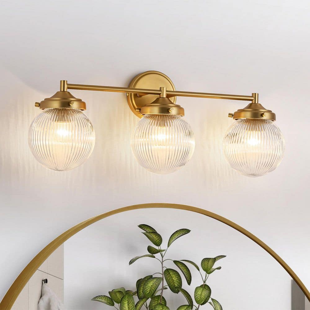 Loudoun 24.4 in. 3-Light Modern Gold Linear Ribbed Glass Globe Bubble Bathroom Vanity Light over Mirror price history on PriceWatchPro
