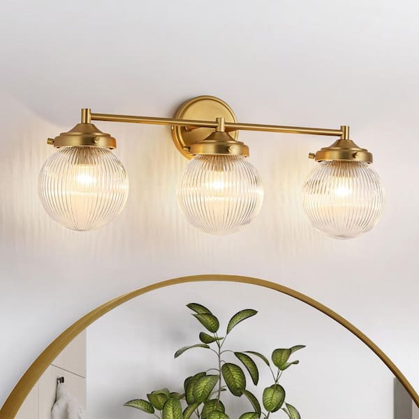 RRTYO Loudoun 24.4 in. 3-Light Modern Gold Linear Ribbed Glass Globe Bubble Bathroom Vanity Light over Mirror