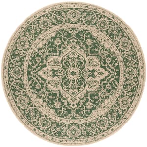 Beach House Green/Cream 4 ft. x 4 ft. Border Floral Indoor/Outdoor Patio  Round Area Rug
