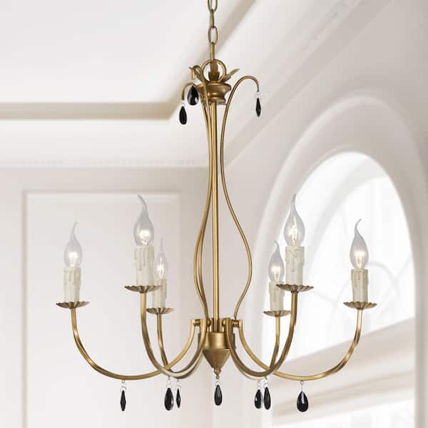 LNC 6-Light Brushed Vintage Gold Candlestick Dining Room Chandelier with Black Crystal Drops White Faux Drip Candle Covers