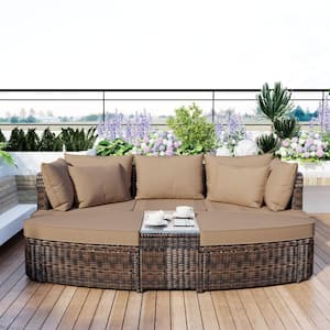 6-Piece Wicker Patio Conversation Set, Outdoor Round Sofa Set with Brown Cushions and Coffee Table