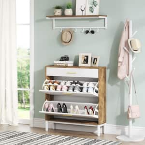 White and Brown Shoe Storage Cabinet with Drawer, Flip Shelves and Wall Mount Rack