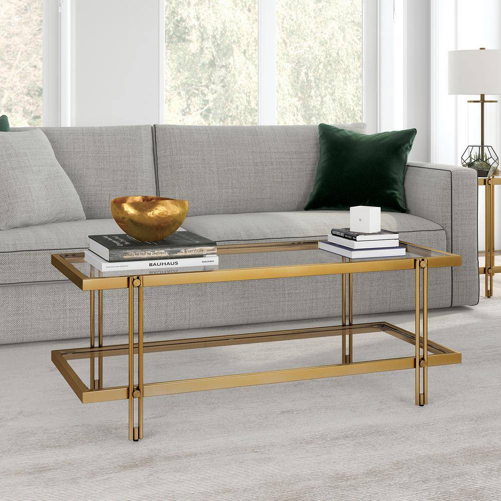 Modern Brass Finish Rectangular Coffee Table with Glass Storage Shelf