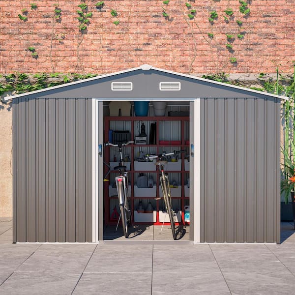 10 ft. W x 8 ft. D Outdoor Metal Storage Shed with Foundation and Lockable Doors for Patio, Backyard, Gray (73.8 sq.ft.)