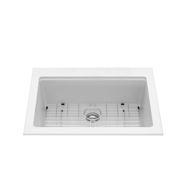 30 in. Drop-in Single Bowl White Quartz Kitchen Sink with Bottom Grids